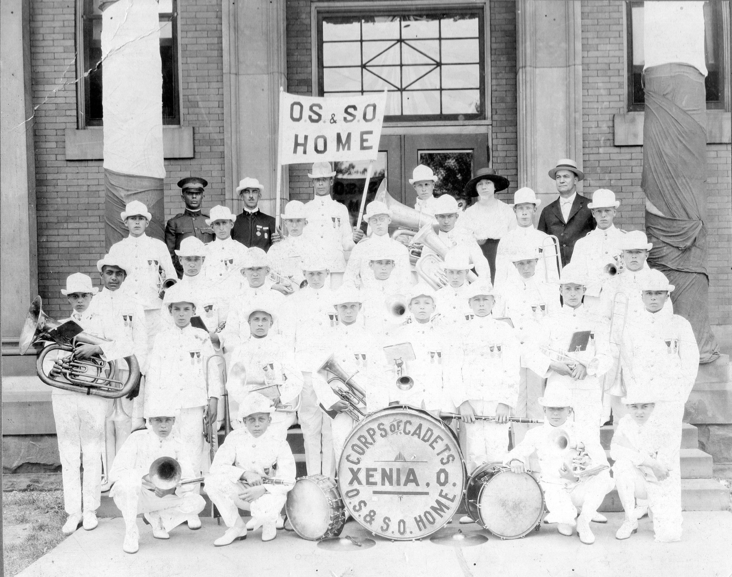 boys in band with instruments, white uniforms, xenia